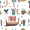 Vector seamless pattern with viking, their armor, beer and ship. Viking age cartoon character background, wallpaper, fabric,