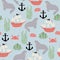 Vector seamless pattern with walrus, ship, crab, anchor, seaweed.Underwater cartoon creatures.Marine background.Cute