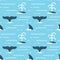 Vector seamless pattern with whale fins over the water.