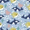 Vector seamless pattern with whales, jellyfish and balloon fish