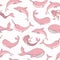 Vector seamless pattern with whales, mermaids, narwhals and dolphins on the dotted pink background. Hand drawn sea creatures, sir