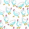 Vector seamless pattern with white chickens isolated on a white background. A hand-drawn texture with cute birds on a farm in a
