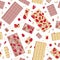 Vector seamless pattern of white and pink chocolate bars with cashews, almonds, strawberries and pieces isolated on white