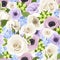 Vector seamless pattern with white roses, purple lisianthuses and anemones and blue hydrangea.