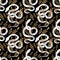 Vector seamless pattern with white snake silhouettes with tribal decorations and gold stems on a black background