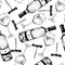 Vector seamless pattern of white wine. Hand drawn engraved objects. Wine bottle, glass and corkscrew.