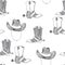 Vector seamless pattern with wild west symbols. Hand drawn texture with hat and boots isolated on white. American clothes sketch