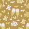Vector seamless pattern with wineglasses and grapes on gold background.