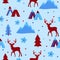 Vector seamless pattern. Winter repeated texture with deer and forest tree