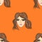 Vector seamless pattern, woman head, female portrait, brunette. Background illustration, decorative design for fabric or paper.