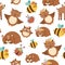 Vector seamless pattern with woodland animals, insects and bird. Boho forest repeating background. Bohemian digital paper with fox