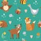 Vector seamless pattern with woodland animals, insects and birds. Boho forest repeating background. Bohemian digital paper with