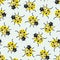 Vector seamless pattern with yellow ladybugs on light green background.