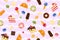 Vector seamless pattern with yummy macaroons, ice-cream, cake, chocolate, lollipop, donut