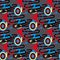 Vector Seamless Retro 80`s Jumble Geometric Line Shapes Blue Red Color Hipster Pattern on Grey Abstract Background