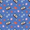 Vector seamless retro pattern in 90s style with hand drawn cassette tapes, hearts, glasses, strawberries.