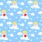 Vector seamless romantic pattern with cute cupid sitting on cloud with red heart on blue heaven background