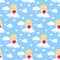 Vector seamless romantic pattern with cute cupid sitting on clouds with red heart in his arms