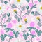 Vector seamless soft summer pattern with clover and camomile on light pink background.