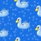 Vector seamless summer background. Pattern with floating swan in water. Illustration for swimming and recreation