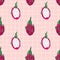 Vector seamless summer pattern with dragon fruits on retro geometry background