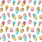 Vector seamless summer pattern with ice cream. Cones ice cream and ice lolly on white background. Frozen desserts.