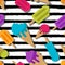 Vector seamless summer pattern. Multicolor ice cream on black watercolor striped background.
