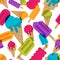 Vector seamless summer pattern with multicolor ice cream. Cones ice cream and ice lolly on white background.