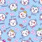 Vector seamless texture with kittens with emotions on their muzzles. Kawaii cat faces, words, stars, hearts for baby girls.