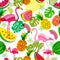 Vector seamless tropical pattern with pink flamingo, palm leaves, watermelon and pineapples. Summer illustration.