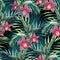 Vector seamless tropical pattern, vivid tropic foliage, with ficus elastica, paradise orchid flower in bloom