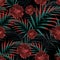 Vector seamless tropical pattern, vivid tropic foliage, with palm leaves, tropical hibiscus flower in bloom.