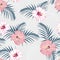 Vector seamless tropical pattern, vivid tropic foliage, with palm leaves, tropical pink hibiscus flower in bloom. Modern bright su