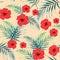 Vector seamless tropical pattern, vivid tropic foliage, with palm leaves, tropical red hibiscus flower in bloom.
