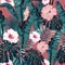 Vector seamless tropical pattern, vivid tropic foliage, with palm monstera, bananas leaves and hibiscus flowers.