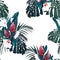 Vector seamless tropical pattern, vivid tropic foliage, with palm monstera, bananas leaves and hibiscus flowers.