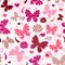 Vector seamless valentines pattern with pink hearts and dotty butterflies and flowers in doodle style