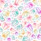 Vector seamless white pattern with multicolor outline gift boxes and ribbons.