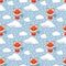 Vector seamless winter children`s pattern with cute fox with scarf, snow, clouds on blue background