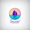 Vector seaside, sailboat in the sea, sunset, horizon logo. Resort, weekend