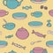 Vector seemless pattern of crockery for tea-drinking - cups, mugs, teapot, sugar bowl, lump sugar and candies.