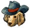 Vector serious cartoon hipster dog Labrador Retriever in a gray silk hat