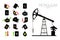 Vector set of 15 sign oil and derrick rig. Black symbol petroleum, dollar money, solated on white background. global