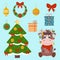Vector set, 2021 Christmas tree, bull, gifts, Christmas decorations, Christmas wreath