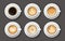 Vector set with 3d realistic different types of coffee in white cups. Collection of top views of mugs of cappuccino, latte,