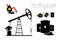 Vector set of 5 sign oil and derrick rig. Black symbol petroleum, dollar money, solated on white background. global