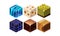 Vector set of 6 cartoon isometric blocks for mobile or computer games. Gaming assets. Cubes with different textures