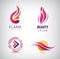 Vector set of abstract wavy logos, arrow, flame icon, sphere.