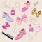 Vector set of accessories for girls. Cute bows, lipstick, shoes