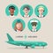 Vector set of airplane and cabin crew and airport team icons in flat style. Aviation male, female avatars illustrations